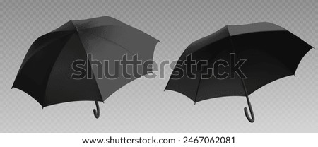 Black umbrella mockup. Realistic isolated open parasol view template for branding. Mock up design for rain weather protection object. Outdoor accessory advertising or presentation for autumn season