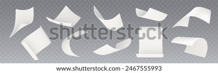 Flying paper sheet in different angles of view. Realistic 3d vector illustration set of curve white blank pages in air. Falling document or letter mockup. Empty curl note and leaflet chaotic float.