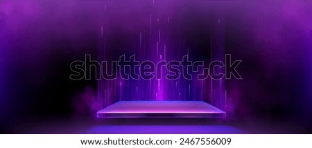 3d purple square neon light podium glow for game. Led effect hologram and product display platform in dark scene. Cyber laser room and pedestal for casino winner presentation. Realistic shine arena