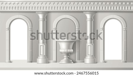 Room or hall interior with white stone ancient roman column arch entrance door and decorative vase. Realistic 3d vector illustration antique greek marble temple building inside with baroque sculpture.