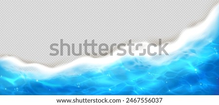 Beach sea wave top view. Ocean foam water texture. 3d realistic summer shore aerial banner. Tropical blue light reflection ripple border. Abstract caustic isolated bottom frame for coast party promo