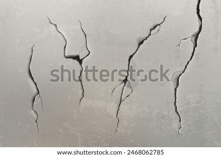 Wall crack texture. Broken ground effect vector. Earthquake on cement floor isolated realistic 3d. Black fracture line or drought land erosion illustration. Old asphalt scratch graphic design