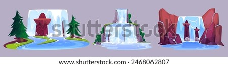 Waterfall cascades set isolated on background. Vector cartoon illustration of blue river flow falling in lake from rocky mountain, spring forest trees and flowers, tropical island design element