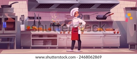 Woman chef in uniform and hat cooking food on restaurant kitchen. Cartoon vector cuisine interior with furniture, equipment and utensils. Female cooker prepare meal in professional cafe cuisine.