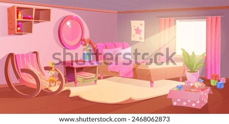 Pink girl bedroom interior. Cute kid furniture cartoon background. Girly playroom with toy box and tidy area. Light ray from morning window on bed indoor flat scene. Nice scenery for child recreation