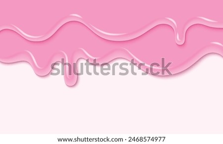 Pink liquid substance border isolated on white background. Vector realistic illustration of melting ice cream, 3d color paint splash, sweet icing drops flowing down dessert cake, nail polish texture