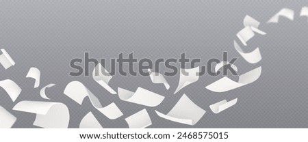 White curled paper sheet flying with wind blow diagonally on transparent background. Realistic 3d vector illustration of floating in air empty curved document pages. Mockup of scattered flying note.