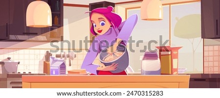 Young woman cooking in kitchen. Vector cartoon illustration of happy mother stirring ingredients in bowl, preparing meal for family at home, sunny apartment interior with furniture and garden view