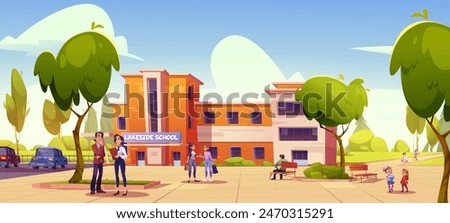 School building exterior with sidewalk, bench and green trees in yard. Cartoon vector illustration of children and teachers in front of public education construction with classrooms on summer day.