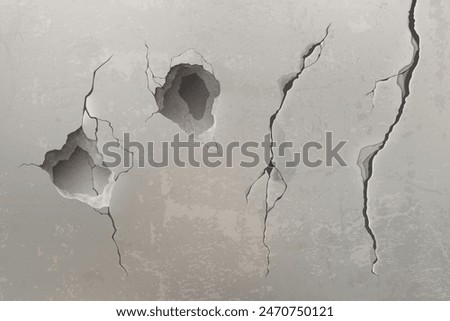 Old broken concrete wall with cracks and holes. Realistic 3d vector illustration of damage cement surface with fissure. Ancient grunge destructed stone construction texture with fracture and cleft.