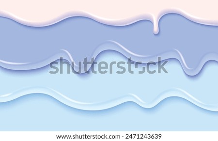 Blue and white liquid substance border. Vector realistic illustration of melting ice cream or yogurt flow, 3d color paint splash, sweet icing drops pouring down dessert cake, nail polish texture