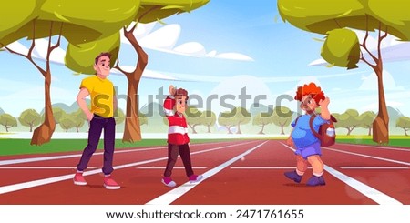 Two boys meet and greet on running track in public park or stadium on summer day. Cartoon vector illustration of sport training for children with coach. Outdoor fitness and physical activity.