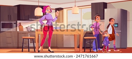 Children walk away from kitchen and mother waving hand and saying goodbye to them. Cartoon vector family in home cuisine interior with furniture, cooking equipment and utensil, daylight through window