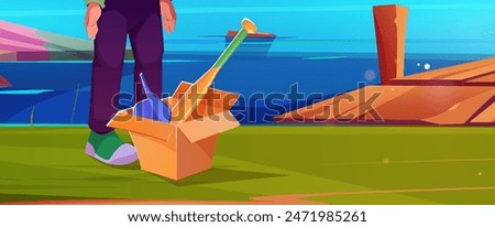 Kid boy standing near cardboard box with baseball bit and cap on shore of lake or river with wooden pier or bridge. Cartoon vector summer sunny scenery with outdoor sport game equipment on riverbank.