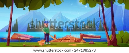 Teen boy in blue cap holding baseball bit standing on river or lake bank with wooden pier and boat. Cartoon vector summer sunny mountain, pond and trees landscape with kid practice sport game.