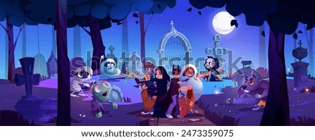 Zombie, ghosts and werewolf attacked kid boys in Halloween carnival costumes on graveyard at night under full moon light. Cartoon vector scary cemetery scene. Children fight off monsters with candy.