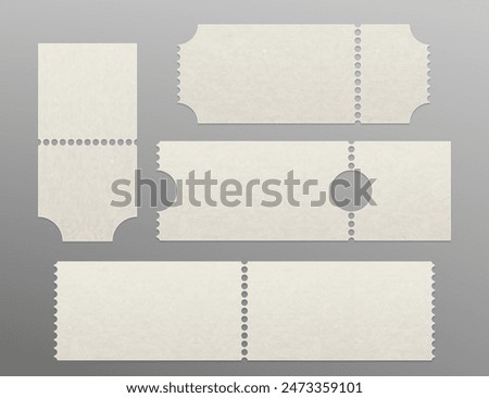 White textured coupon or ticket 3d mockup. Realistic vector illustration set of blank paper voucher template with perforated edges and tear place. Badge for concert, cinema entrance or lottery raffle.