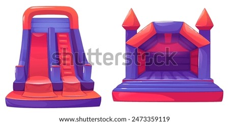 Inflatable bouncy house set isolated on white background. Vector cartoon illustration of inflated toy castle with stairs, slide for kids fun, themed entertainment park equipment front and inside view