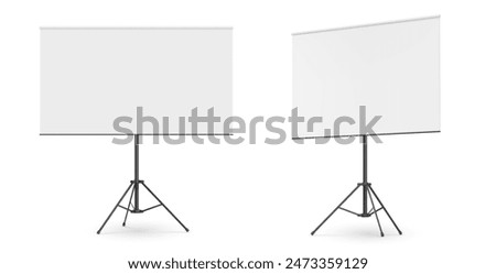 Black metallic tripod with whiteboard for presentation. Realistic 3d vector mockup of blank flipchart on metal stand for business and education seminar. template of empty portable projector screen.