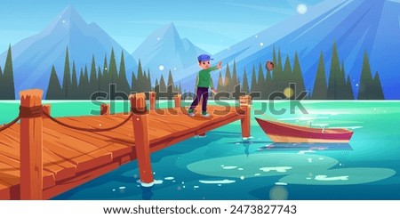 Teen boy in cap throw stone in water of river or lake standing on wooden pier. Cartoon vector summer sunny landscape with mountain hills, pond with dock and boat and blue sky. Smiling kid playing.