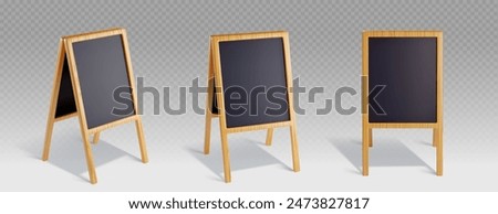 Pavement 3d signboard for menu or advertising. Different angles of view on blank black chalkboard with wooden frame for cafe and restaurant information message. Realistic vector set of sandwich banner