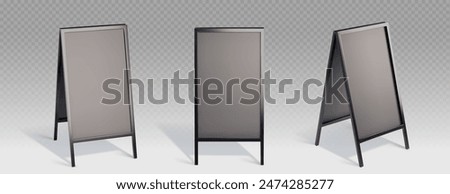 Advertising easel stand, sandwich sign board frame mockup. 3d menu double poster display for restaurant on sidewalk. Outdoor chalkboard for promo notice with food and coffee. Empty signage mock up