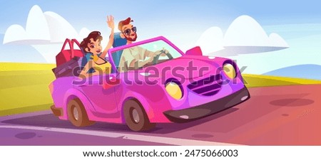 Couple drive cabriolet car on summer road trip. Pink cabrio for fancy journey and happy people enjoy freedom on holiday. Honeymoon adventure for young girl and man with cool convertible transport