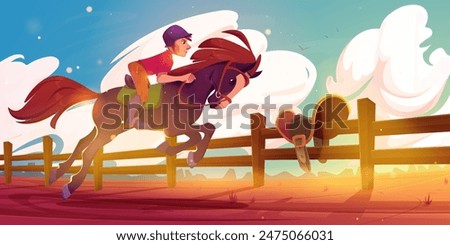 Equestrian sport training - cartoon vector horseman running gallop on equine animal with saddle and bridle outdoor. Horse school dressage. Country landscape with jockey in ammunition on racecourse.