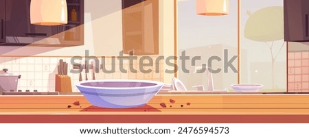 Empty plate and crumb on dining table in kitchen interior background. Ceramic container and snack crunchy on wood desk at home. Disappear dessert from bowl on counter surface in morning design