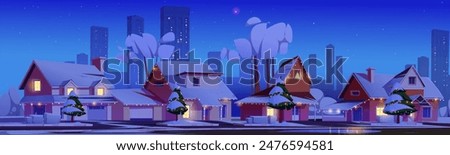 Winter snow village with suburb house landscape background. Night holiday scenery design with city skyscraper silhouette and neighborhood view. Christmas eve with cottage and garland on street cartoon