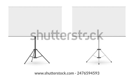 Black metallic tripod with whiteboard for presentation. Realistic 3d vector mockup of blank flipchart on metal stand for business and education seminar. template of empty portable projector screen.