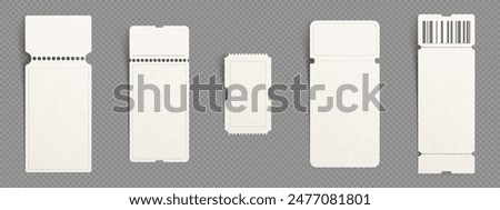 Mockup of coupon or ticket to concert and airplane with paper texture, separation point and barcode. Realistic 3d vector set of white blank vertical discount or lottery raffle voucher template.