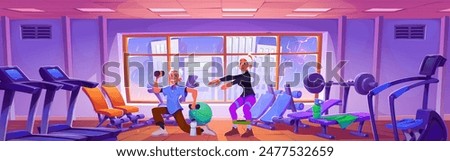 Senior people go in for sport in gym. Cartoon vector elder woman squat and man doing exercise with dumbbells in fitness center. Grandparents during workout for healthy active lifestyle and training.