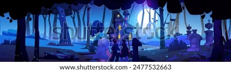 Children in Halloween costumes on night cemetery. Vector cartoon illustration of spooky graveyard with stone tombs, spooky haunted house, kids in scary clothes playing trick or treat, full moon in sky