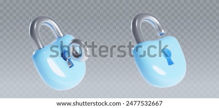 Blue padlocks set isolated on transparent background. Vector realistic illustration of locked and unlocked 3d lock mockup with key in keyhole, data security symbol, privacy password sign, firewall