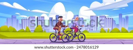 Senior couple cycling in summer city park. Vector cartoon illustration of elderly man and woman riding bicycles in public garden against cityscape background, active lifestyle, healthy activity