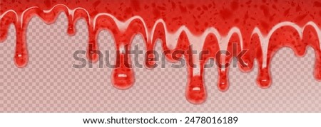 Red liquid substance splash isolated on transparent background. Vector realistic illustration of strawberry jam flowing on dessert cake, melting ice cream, 3d color paint splash, nail polish texture