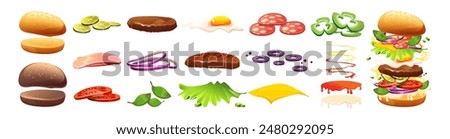 Hamburger ingredient kit for fast food constructor. Cartoon vector illustration set of sandwich elements - bun and meat cutlet, sliced vegetables and sauces, cheese and egg. Burger maker component.