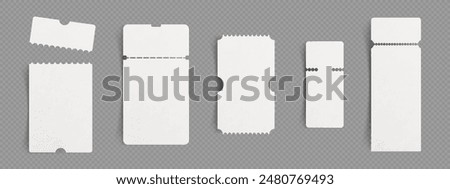 3d paper coupon or cinema ticket mockup template. Blank travel voucher or price tag sticker isolated vector design. Premium theatre or airplane pass label. Empty discount guarantee lottery mock up