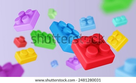 Plastic toy bricks block background. Realistic 3d vector illustration of flying kid game build puzzle boxes. Child shop or activity bg with floating geometric shape pieces for fun and education.