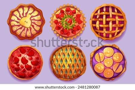 Sweet baked pie top view with fruits and berries. Cartoon vector set of thanksgiving round whole homemade cake with crust and decorative lattice, strawberry and pear, orange slices and apple in jelly