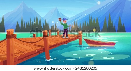 Boy on wood lake dock throw stone in water vector landscape. Wharf and boat in morning for ecotourism summer illustration. Happy teen tourist near forest and shore with rock cartoon travel scene.