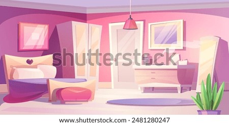 Pink bedroom interior design. Vector cartoon illustration of cozy pastel room furnished with bed and pouf, wooden drawer and wardrobe, wall pictures, floor mirror, carpet, flower pot, modern home