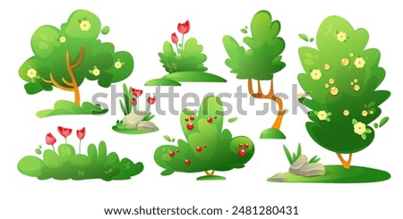 Summer or spring landscape creation nature elements. Cartoon vector set of green trees and bushes, grass and flowers, stones for garden or park. Forest and yard plants. Greenery scene decoration.