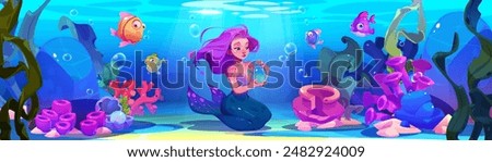 Cute fairy mermaid sit on sea bottom and play with bubble. Cartoon vector illustration of underwater landscape with adorable marine girl princess with tail, bright fishes, corals and seaweeds.