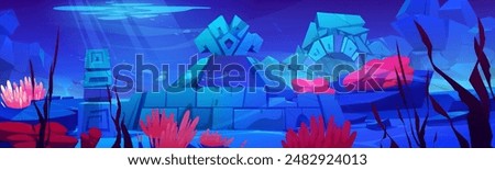 Underwater sunken lost city with stone temple and architecture on sea bottom with corals and algae. Cartoon vector undersea landscape with fantasy Atlantis ruins. Ancient legend civilization building.