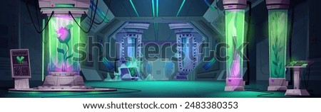 Space ship hall interior with lab inside. Cartoon vector illustration of cosmic rocket fantasy science laboratory with plants and flowers in green glow cryogenic capsule with computer control panels.