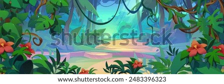 Jungle forest landscape with road and green plants. Tropical leaf and flower frame. Cartoon vector illustration of wet exotic rainforest scenery with trees and liana vines, soil path and bushes.