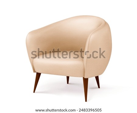 Beige soft leather armchair with wooden legs. Realistic 3d vector illustration of gentle fabric sofa furniture element. Classic comfort living room interior object. Comfortable bedroom chair mockup.