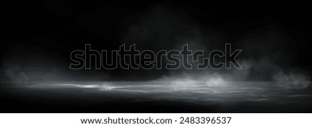 Water surface with magic neon glow from inside and smoke on top. Mystery dark background with spooky white light from underwater and fog. Realistic 3d night vector illustration with flare and steam.